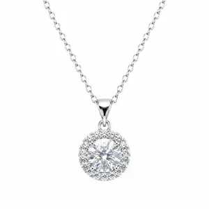 X-005PT-LuxeStone 1CT D VVS1 Classic Halo Moissanite Necklace - Hypoallergenic Stainless Steel Jewelry for Women