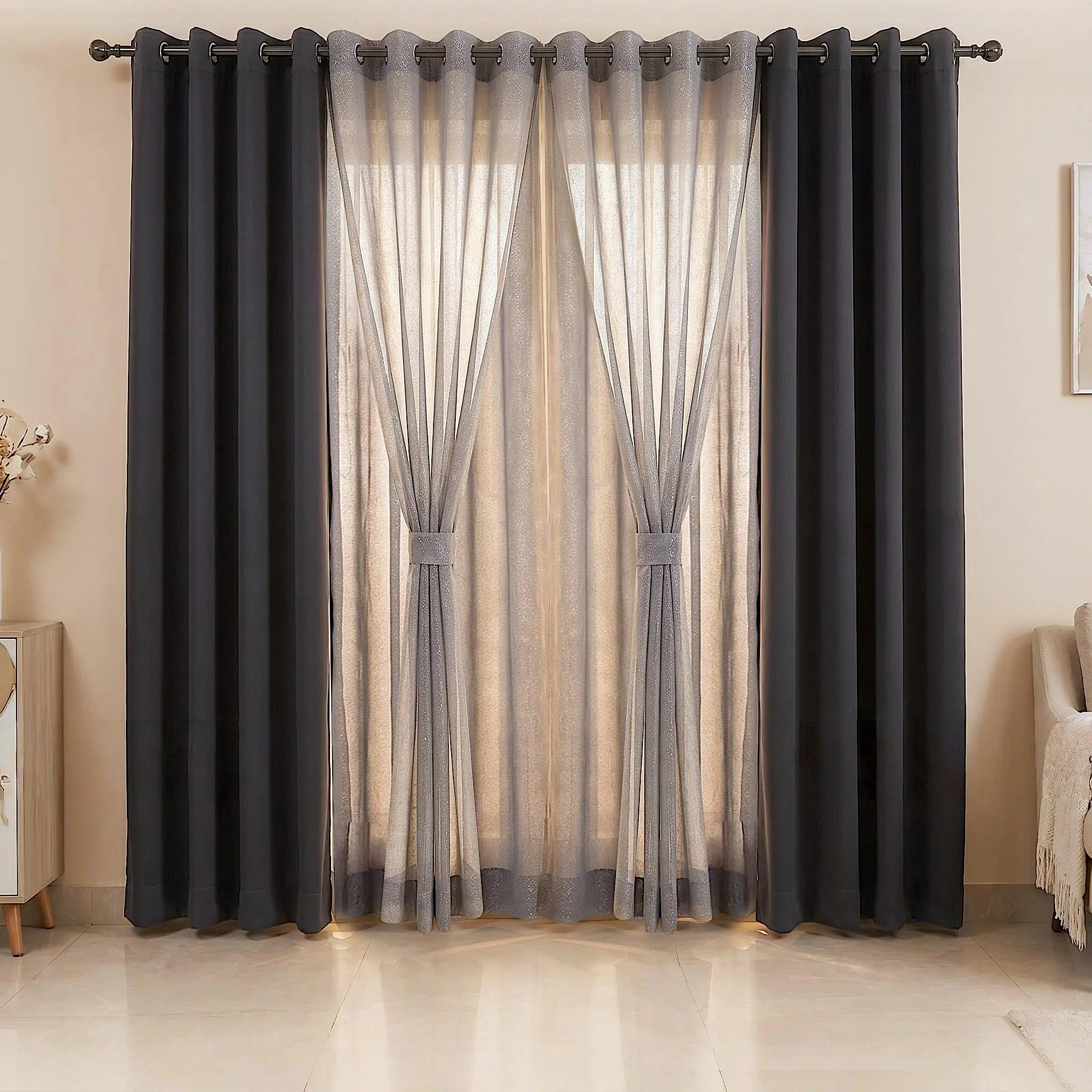 6 PANELS 54"X84"Comdination Grommets Curtains Including: 2 Panels Solid Full Blackout Curtain & 4 Panels Foil Silver Metallic Doli Sheer Curtain QF222 L28 Summer gift #SummerVibes blacking apartment Holiday Scene