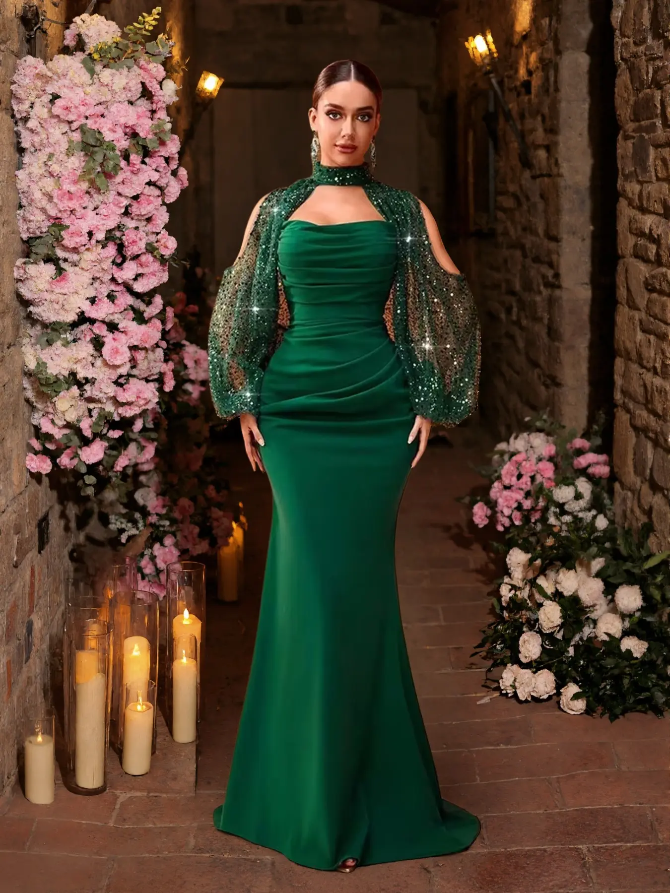 Luxurious Elegant Long Mermaid Ball Gown Women, Lace Embroidery, Sequins, Pleated Satin Skirt, Train Design, Perfect for Formal Weddings, Parties, Special Occasions, Formal Wear