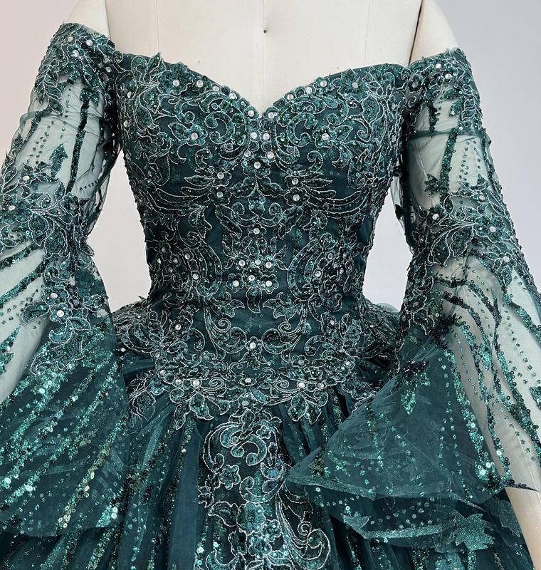 NO.43  Quinceañera Dress Off The Shoulder Bell Sleeves Green Blush Sparkle Tulle Ball Gown Dress