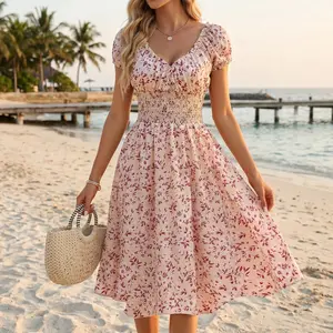 Women's New Vintage Floral Print Puff Sleeve French Style Dress, Elegant A-Line Midi Dress