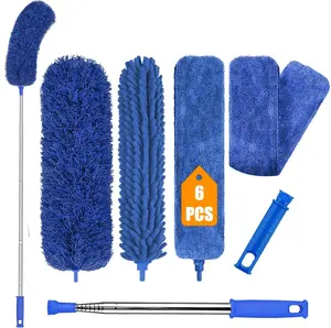 Microfiber  Duster, 6 count Washable Bendable Dusters with 100" Telescopic Pole, Cobweb Cleaner for Ceiling Fans, Lights, Blinds, , Furniture (Blue)