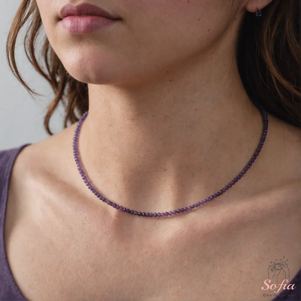 Women's Handmade Adjustable Dainty Amethyst Beads Choker Necklace - Tiny Faceted Round Natural Crystal Beaded, Waterproof, Minimalist Dainty Necklaces, Gift for Her