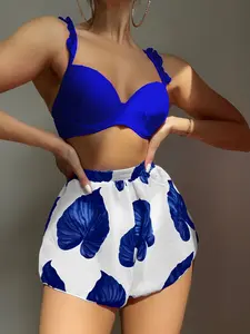 Women's Three-Piece Bikini Set with Ruffled Strap Top, High Waist Swimsuit Skirt and Panties, Colorful Floral Print for Sweet Elegant Vacation Beach, Leaf Print Bikini