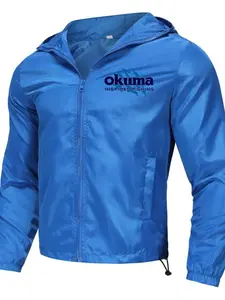 Men’s Okuma Jacket, Hooded Raincoat with Blue Splash Logo, Slim-Fitting Casual Sun-Suit, All-Season Fishing Essential