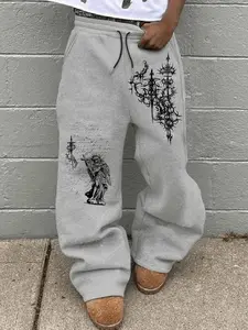 Men's Loose Drawstring Waist Pants, Gothic Saint Angel Warrior Cross Thorn Totem Print, Dark Aesthetic Streetwear Wide Leg Casual Pants