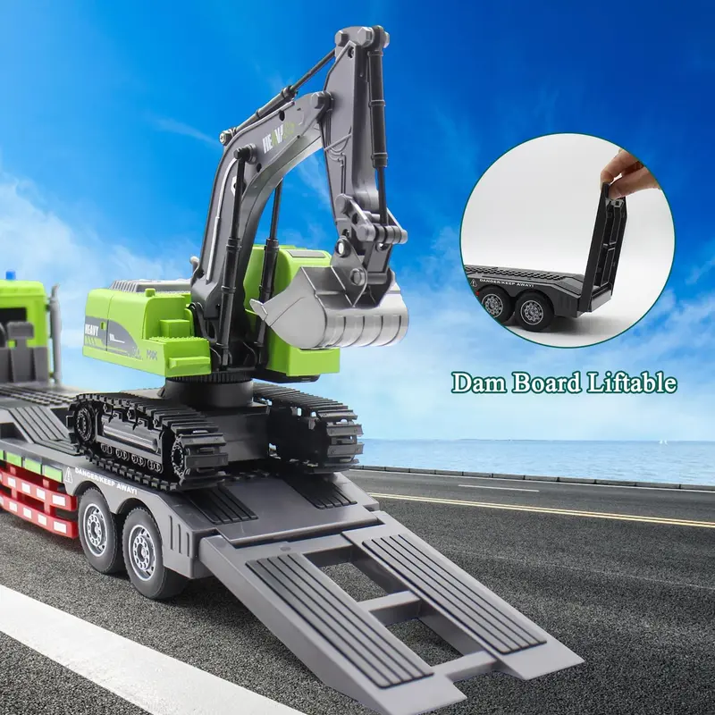 Egofuntoy 1:12 RC Semi Truck & Excavator Backhoe Car Toy Set - ABS Plastic, 2.4GHz 11-Channel Remote Control Vehicle, Removable Rechargeable Flatbed Trailer with Lights & Sound, Auto-Demo Mode, Cool Christmas Gifts for 8-10Y Boys, Kid Stuff for Boys