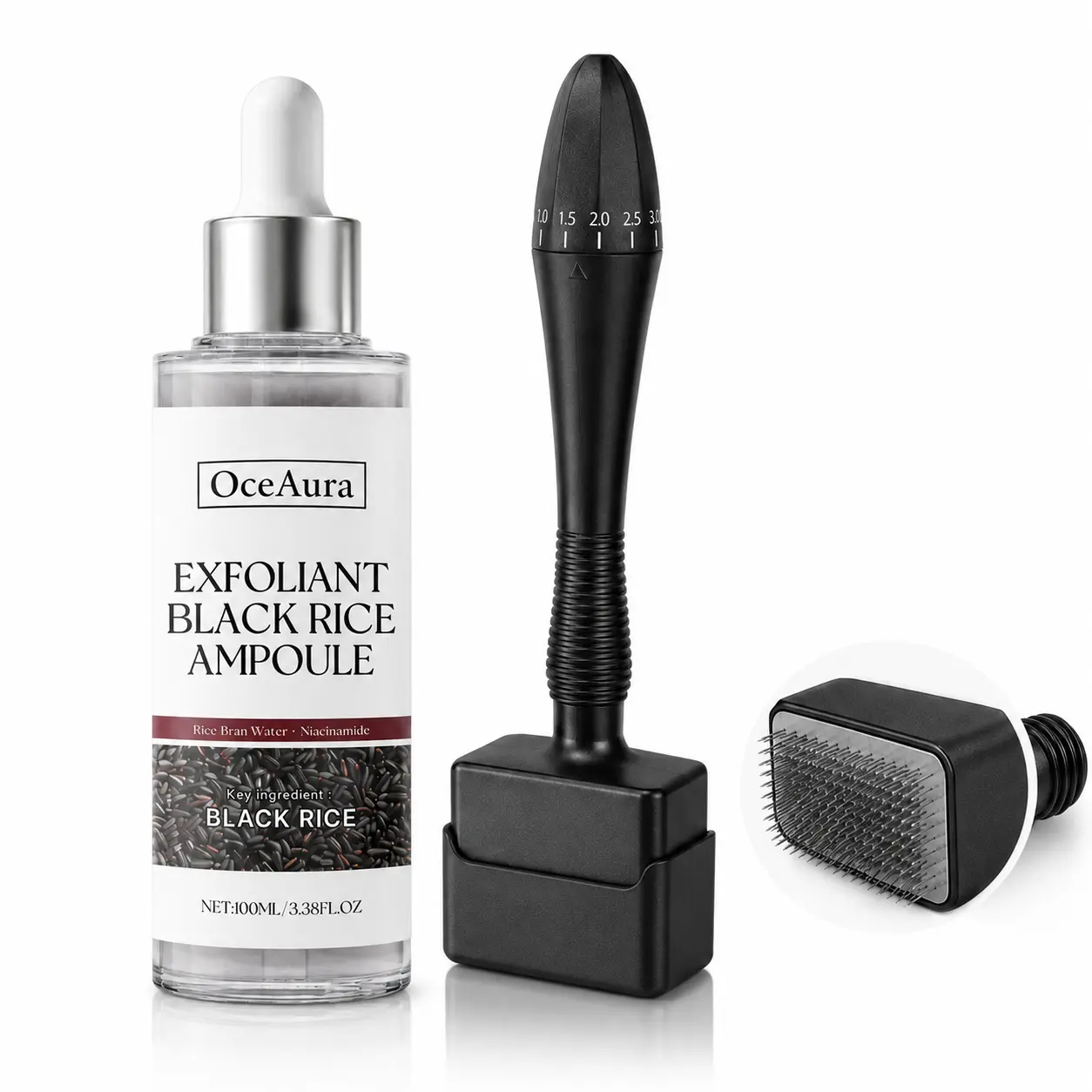 Black Rice Ampoule & Adjustable Microneedle Stamp Set, 100ml Facial Serum with Precision Matrix Needle Head, 1.0–3.0mm Depth Control, Hydrating, Smoothing & Skin Texture Care for Face and Neck Cosmetic Derma