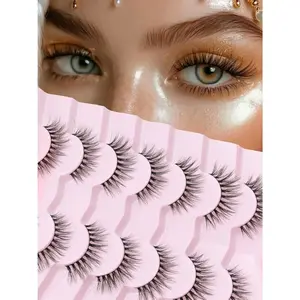 Natural Lashes False Eyelashes Wispy 12mm Cat Eyelashes Short Lash Pack for Small Eyes Eyelash with 0.1MM Thin Cotton Band 3D Volume Fake Eyelashes Soft Strip Lashes 7 Pairs