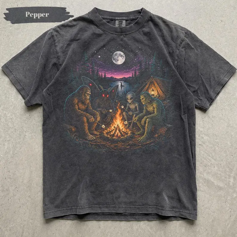 Comfort Colors T-shirt Cryptid Camping Shirt, Bigfoot Mothman Alien Campfire Tee, Paranormal Forest Shirt, Vintage UFO Monster Outdoor Gift
