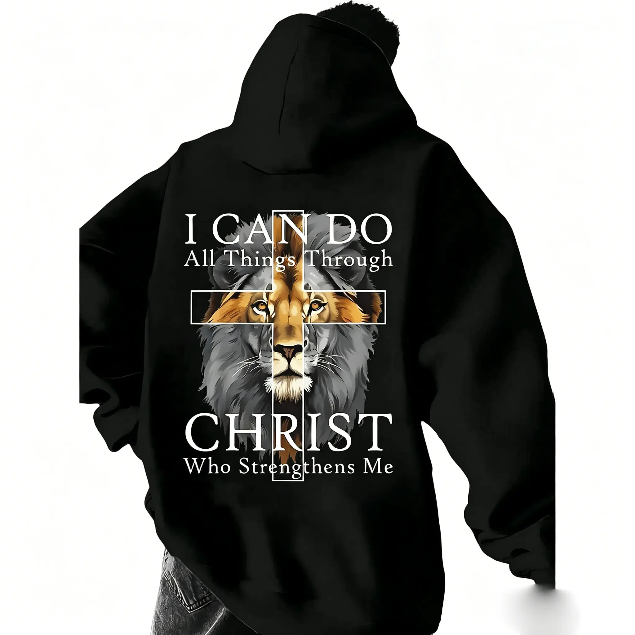 Men's Stylish Christian Graphic Hoodie - Longsleeves Biblical Verse Tops with Lion Print, Casual Vibe Everyday Menswear Sweatshirt