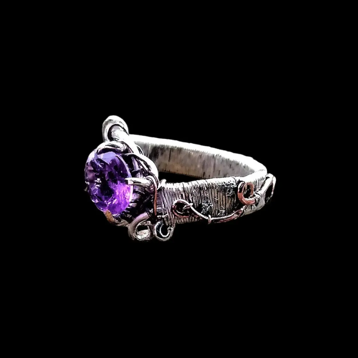 FAIRTYTALE Sterling Silver Copper Natural Amethyst February Birthstone Elven Elvish Magical Fantasy Wire Wrapped Ring