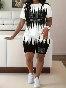 Colorblock Nope Letter Print Spring Summer Casual Two-Piece Set, Geometric Pattern, Fitted Regular Length Top, Stretchy Outfit Sets