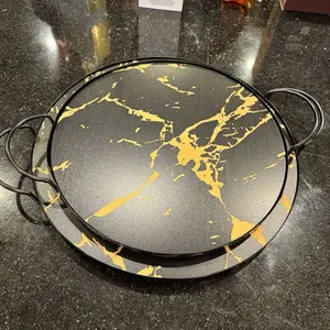 2 Piece Table Tray with Gold Marble Design and Black Finish for Elegant Serving