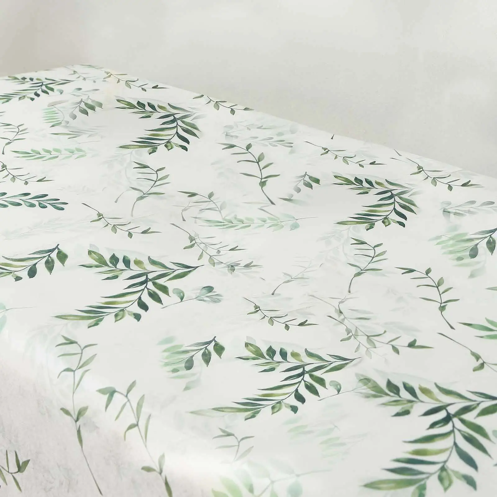 Disposable Non-Woven Tablecloth - 60"x102" Rectangle White/Green Leaf Print Tablecover, Olive Leaves Design for Spring Dining, Wedding Outdoor Table Use