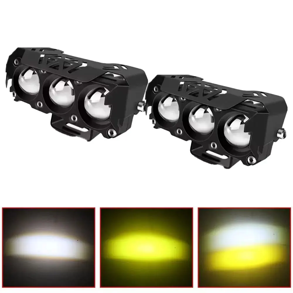 2PCS Super Bright Motorcycle LED Driving Lights 4-Mode Dual-Color Beam Fog Lamp 3 Lens Spotlights for Harley External Headlight Cars, Trucks Accessories