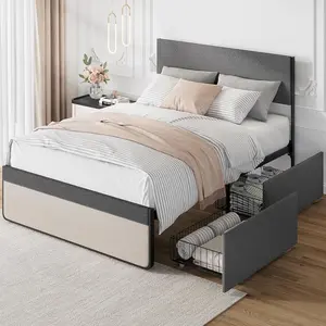 【Christmas Gift】Queen Size Platform Bed Frame with 2 Storage Drawers and Headboard, Upholstered Bed Mattress Foundation with Metal Slats Support, No Box Spring Needed, Noise Free, Easy Assembly, Grey