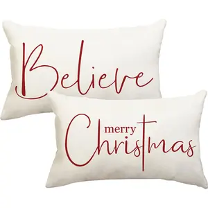 2pcs, Christmas Pillow Covers - "Believe" & "Merry Christmas" Farmhouse Decor, Holiday Cushion Cases, Christmas Pillow Covers, Home Décor Products, Cushion Cover Decoration for Couch Sofa, Room Decor and Bedroom Decor, Single Sided Printing, No Pillow Cor