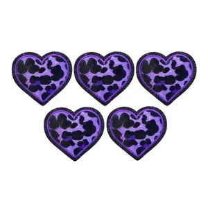 5Pcs Leopard Heart Iron On Patches Cute Kawaii Embroidered Applique for DIY Clothes Jeans Hats Jackets Backpacks Fashion Decoration,Purple