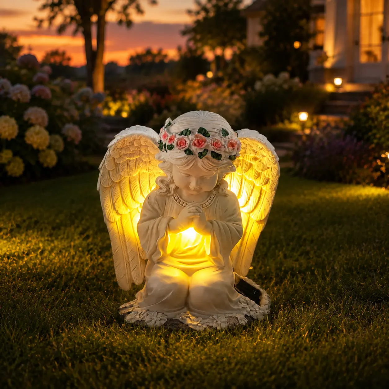 Solar Angel Garden Light - Waterproof Resin Praying Angel Statue with Flower Crown, Warm LED Glow, Outdoor Landscape Decor for Lawn, Cemetery Memorial, Thoughtful Gift Idea