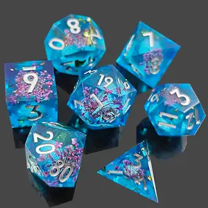 7-Piece Sharp Edge Dice Set with Resin Core, Clover Symbol for Luck, Ideal for Gifting, D&d, and Tabletop Rpgs