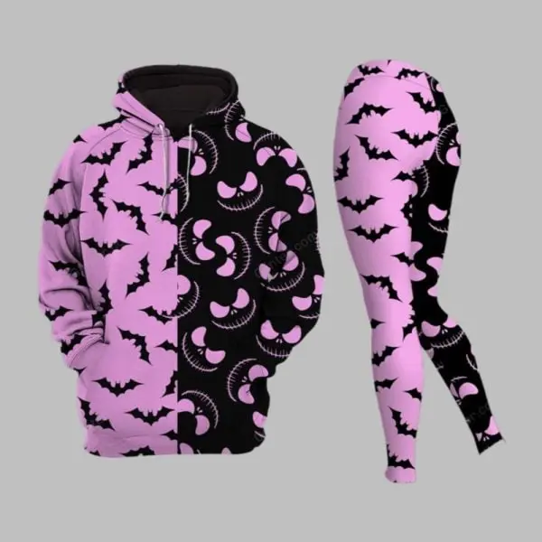 Halloween Hoodie Leggings Set, Spooky Bat Face Print Outfit, Pink Orange Matching Tracksuit, Gothic Horror Costume, Women Fall Gift