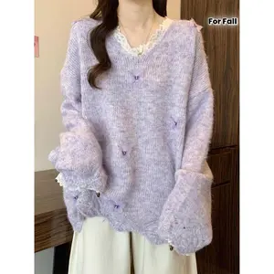Women's Soft Lavender Sweater with Lace Trim & Bow Collar - Loose-Fit Blouse Top, Clothing-like Button-On Shirt for Spring/Autumn Layering (No Stretch, Hand Wash/Dry Clean) - Cozy Casual Elegant Outerwear