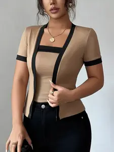 Women's Fashion Elegant Colorblock Mock Two-Piece Square Neck Short Sleeve T-Shirt, Waist Cinching Slimming Patchwork Top