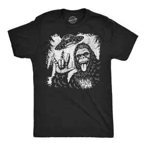 Mens Funny T Shirts Bigfoot UFO Sarcastic Sasquatch Graphic Novelty Alien Tee For Men Mens Funny T Shirts Cool Vintage Fashion T-Shirt Gift Classic Menswear Funny Space Short Sleeve Novelty Tees for Guys Black -