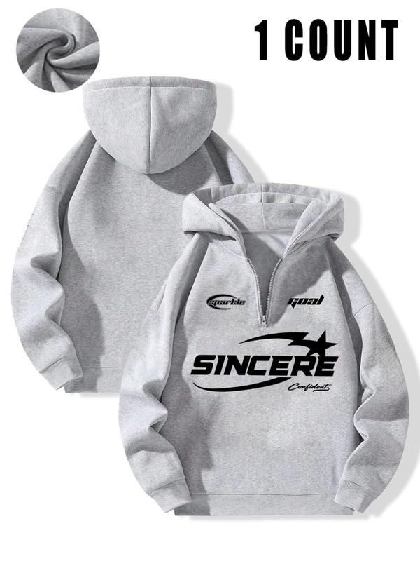 Men's Letter Print Drop Shoulder Zip Up Hoodie, Fashion Casual Regular Fit Hooded Sweatshirt for Daily Holiday Outdoor Wear, Men Clothes for Fall & Winter