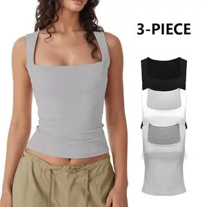 3 PCSWomen's Square Neck Sleeveless Double-Layer Tank Tops Basic Tight T Shirts springtok 014 cute summer tank tops