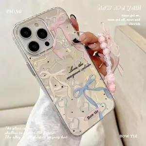 Trendy Bowknot Silk Pearl Dots Case For Samsung Galaxy S25 S24 S23 S22 Ultra S21 S24 S22 Plus S20 S21 FE S21 Ultra A54 A55 A34 A16 A06 A35 A14 A15 Girl Flash Chain Phone Cover Cases