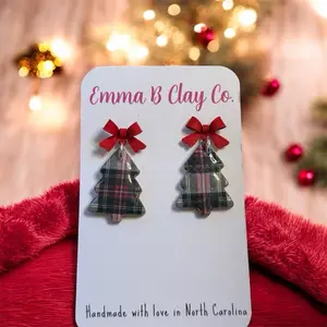Emma B Clay Co Plaid Christmas Tree Earrings with Red Bow Handmade Polymer Clay Festive Winter Jewelry for Holiday Parties & Gifts