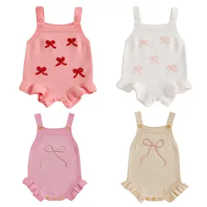 Newborn Baby Girls Romper Overalls Cute Bow Embroidery Sleeveless Knit Halter Strap Jumpsuit Spring Summer Casual Sweater Bodysuit #Springtok