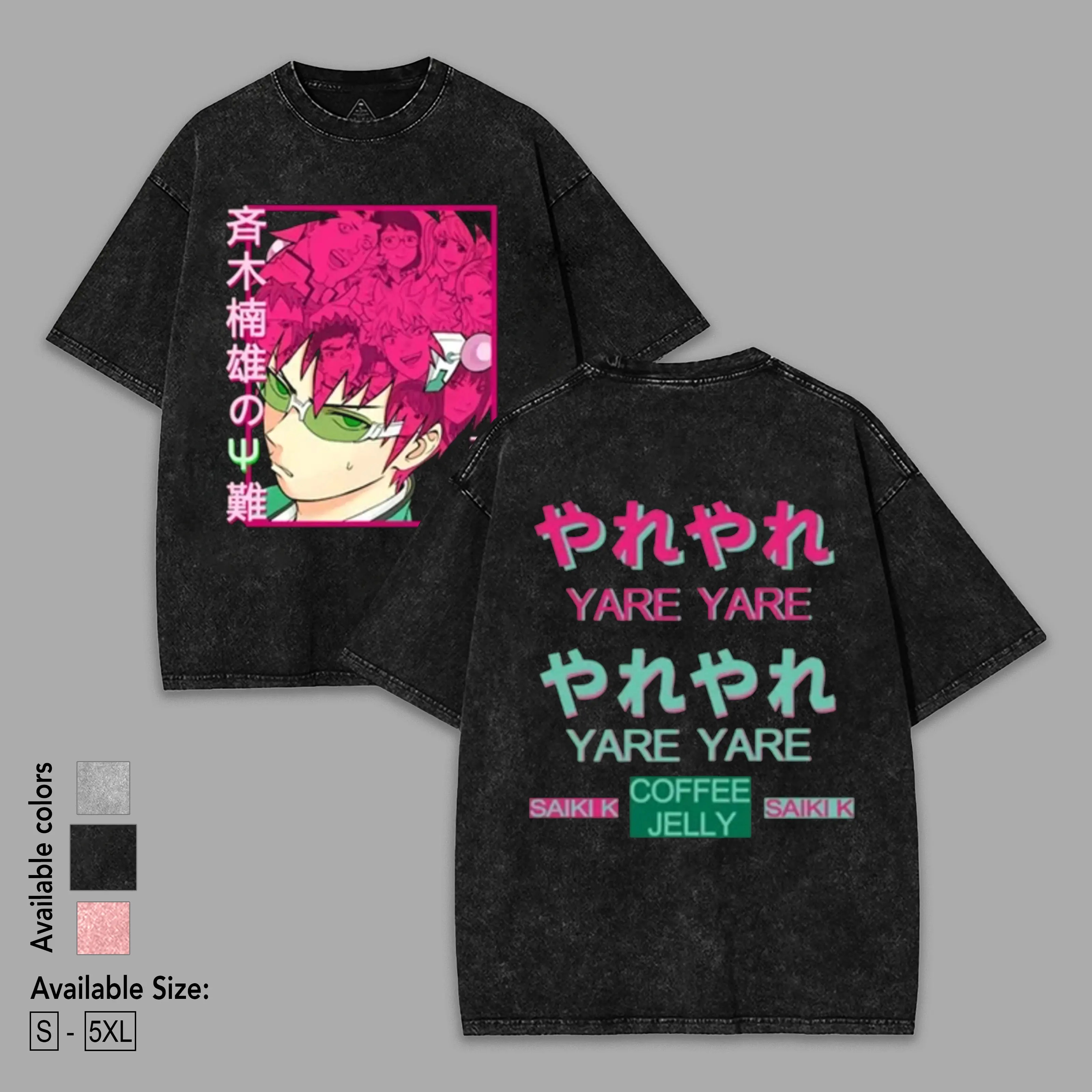 Saiki Kusuo The Disastrous Life of Saiki K Anime Graphic Tee Psychic Power Pink Hair Design Oversized Acid Washed Lightweight Cotton Men Shirts Anime Streetwear Casual Menswear Unisex Clothing, Gift for Anime Fans