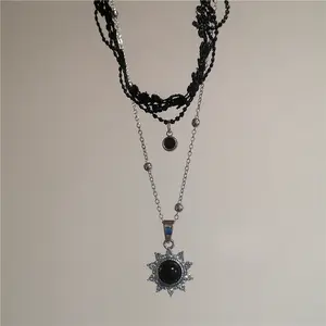 Gothic Vintage Y2K Black Sun Pendant Lace Multi Layer Chain Choker Necklace For Women Egirl Trendy Aesthetic Jewelry Accessories,summervibes