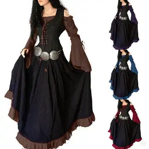 European and American Medieval Court Retro Slim Fit Off-Shoulder Tie Large Swing Dress with Patchwork Flare Sleeves