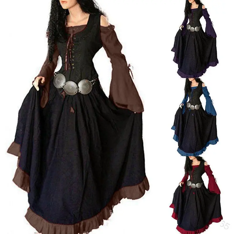 European and American Medieval Court Retro Slim Fit Off-Shoulder Tie Large Swing Dress with Patchwork Flare SleevesGift, Elegant, Clothes