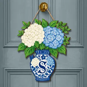 Hydrangea Vase Monogram Door Hanger | Blue and White Floral Front Door Decor | Personalized Spring Summer Door Sign