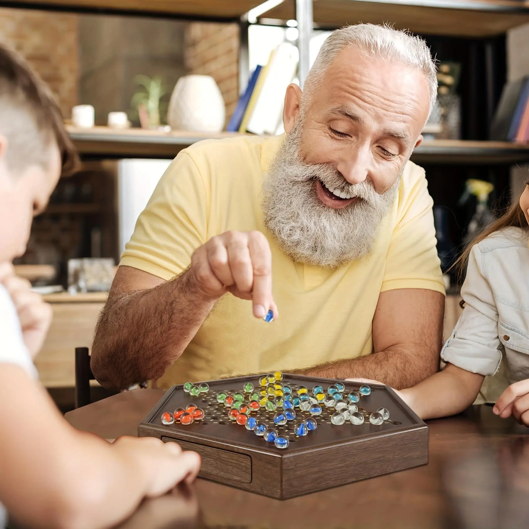 Chinese Checkers Set, 38.1 cm Wooden Checkers Board Game with 60+12 Colorful Glass Marbles Fun Family Chinese Checkers Game for 2-6 Players