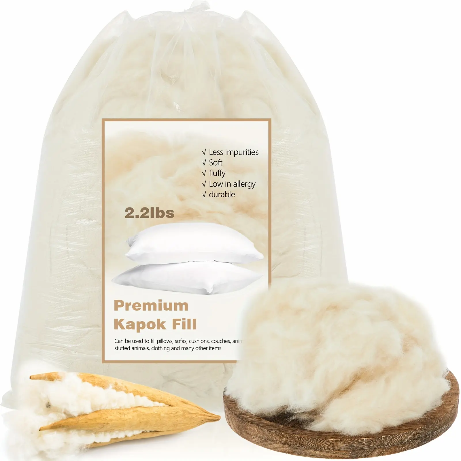 2.2 lbs (1000g) 100% Kapok Fiber Fill - Stuffing for Pillows, Cushions, Quilts, Mattresses, Sofa & Dolls |   Hypoallergenic,, Sensitive Light Beige, Easy to Use