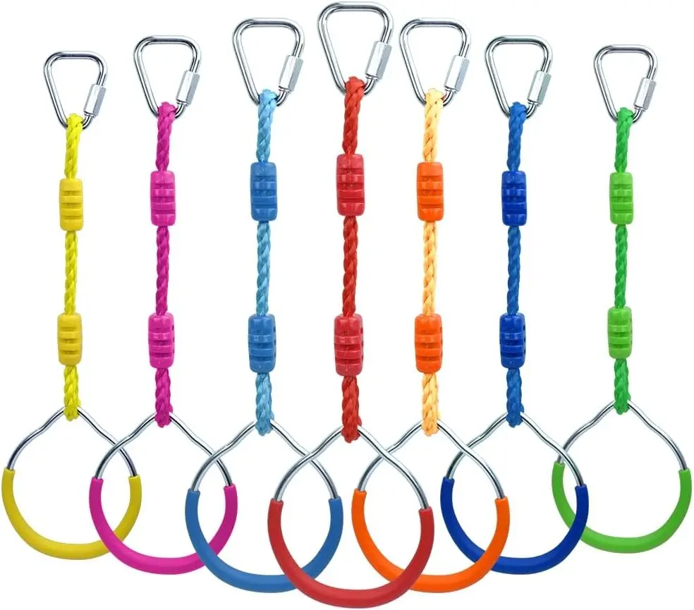 7 Colorful Ninja Gymnastic Rings Outdoor Backyard Playground Fitness Training Equipment Play Set, Funny Jungle Gym Fist Hanging Swing Monkey Bars Ninja Warrior Obstacle Course Trapeze Accessories
