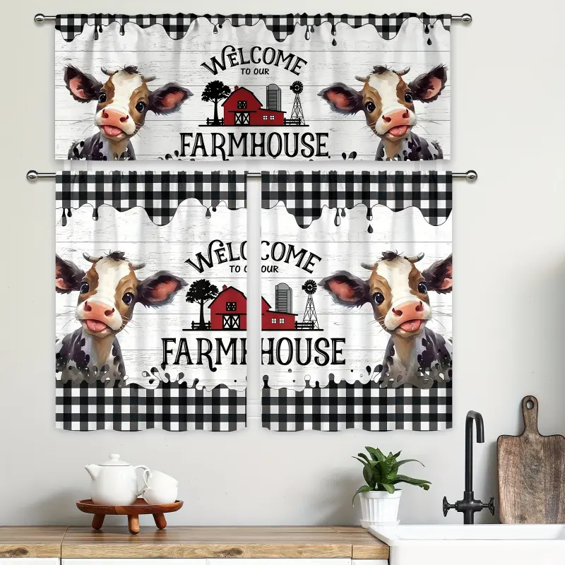 Polyester Farmhouse Plaid Curtain Valance Set - Bold Pattern, Country Cow/Calf Western Print, Double-Layer Darkening, Ruffled Boho Floral, Custom Drapery Panel, Rod Pocket for Kitchen Decor (Animal Decorative Curtains), Farmhouse Curtains