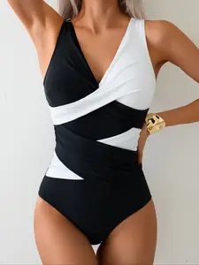 Women's Fashion One-Piece Swimsuit, Block, Crossed Chest Design, Twist Front Swimsuits, Plain Holiday Style, All Seasons Wear