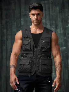 Men's Summer Outdoor Casual Photography Vest, Multi-Pocket Breathable Solid Color Waistcoat, Slim-Fitting Sporty Style for All Seasons