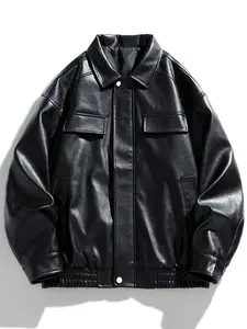 Men's Black Oversized Shiny Glossy Structured Faux Leather Jacket, Hailey Bieber Style Biker Aviator Pilot Bomber Barn Detroit Blazer Peacoat Streetwear Fashion Jacket Trend for Spring Winter Layering Outfit Custom Coat