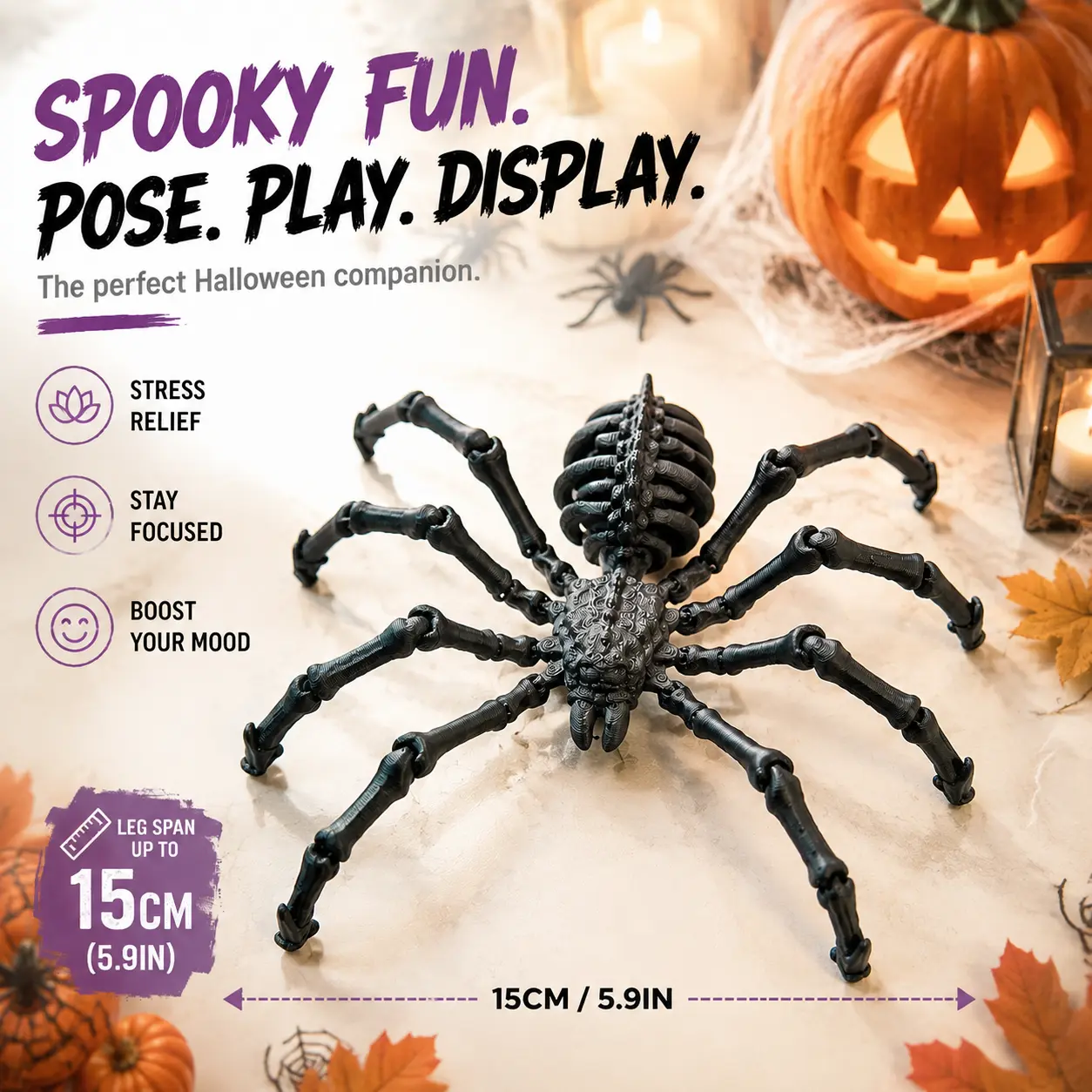 3D Printed Articulated Spider Fidget Toy – Flexible Sensory Desk Toy, Stress Relief, Unique Gift, Black, 6.69 in / 17 cm