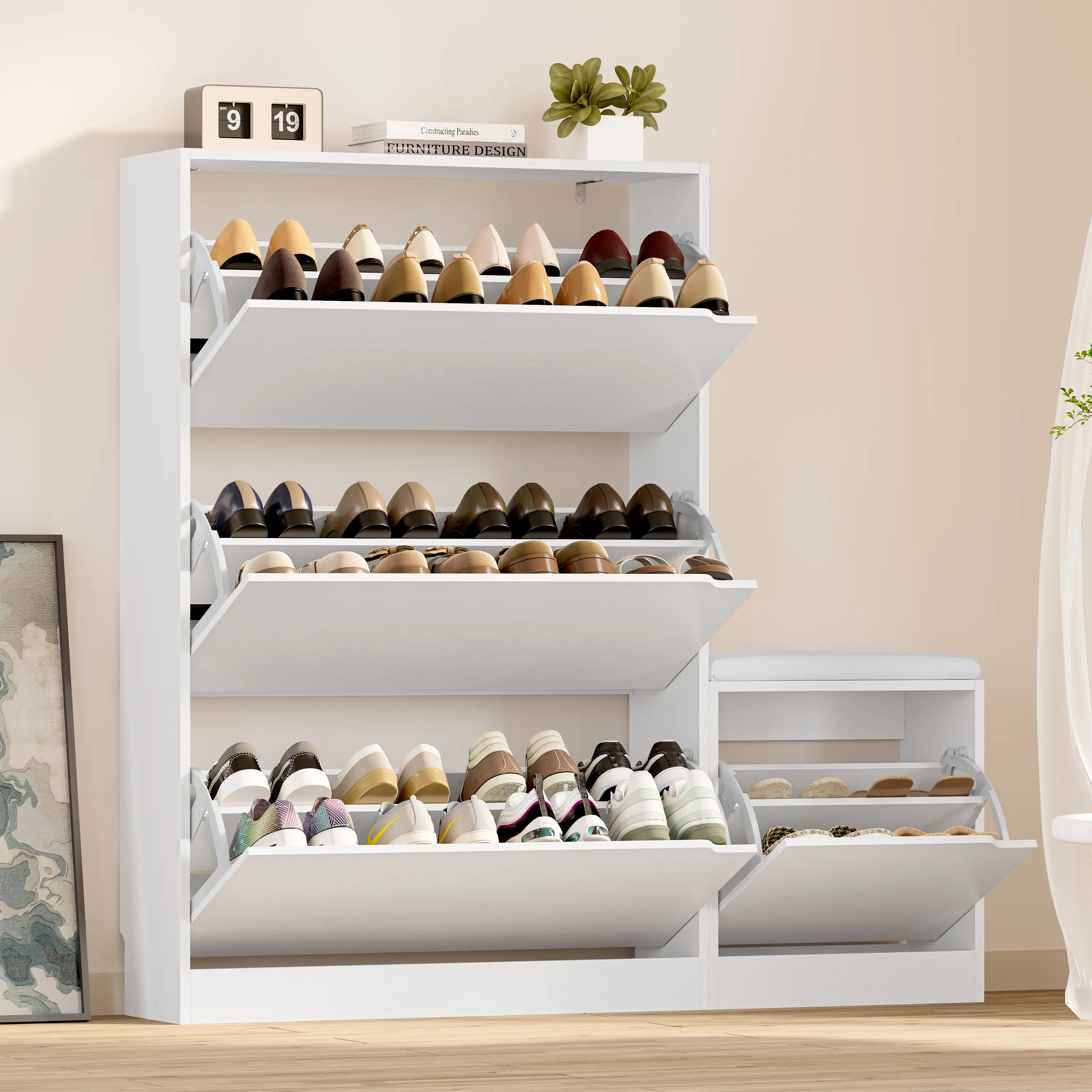 Shoe Cabinet with Bench and 3 Flip Drawers, Slim Narrow Shoe Storage Cabinet, Freestanding Shoe Rack Organizer with Adjustable & Removable Shelves, Anti-Tip for Entryway, Hallway, Foyer  fathers day gift ideas