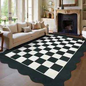 Non-slip Modern Plaid Floor Mats Scalloped Washable Area Rug Foldable Indoor Decorative Carpet for Bedroom Office Dining Room Living Room Laundry Room