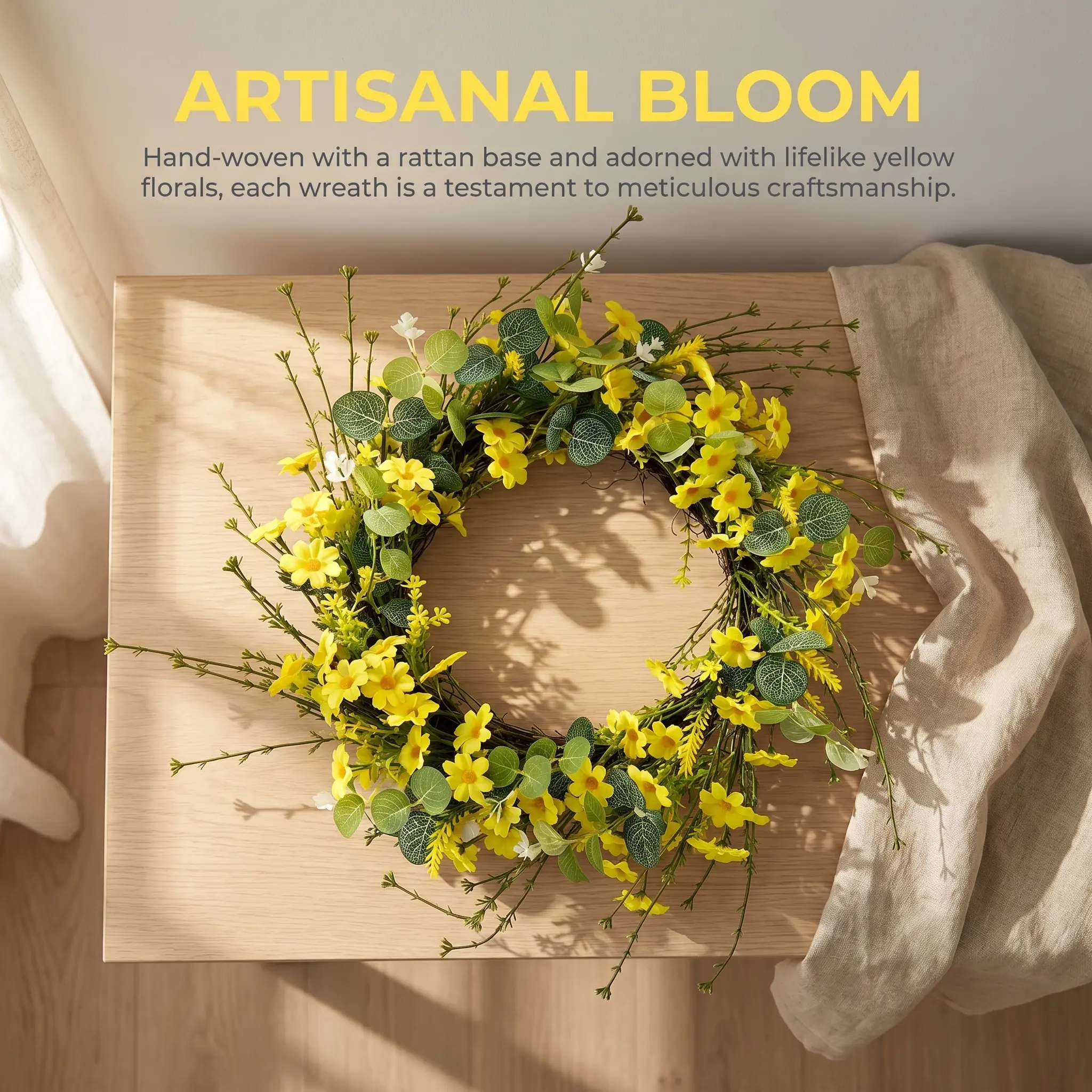 18in Sunshine Yellow Artificial Daisy-Eucalyptus Wreath, Farmhouse Decor for Front Door Entryway, Spring-Summer Home Decorative Accent